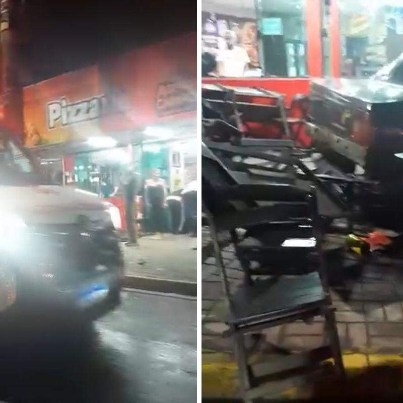 Carro invadiu pizzaria no bairro Agenor de Campos, em Mongaguá, na madrugada deste sábado (8)