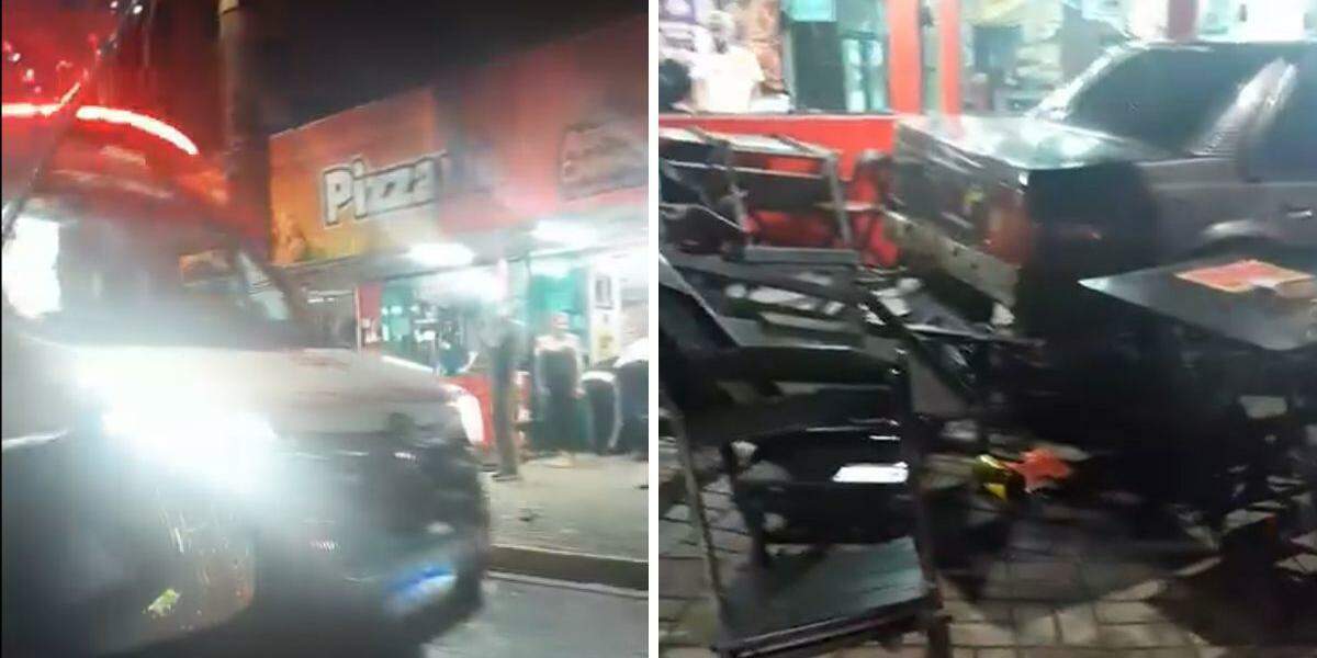Carro invadiu pizzaria no bairro Agenor de Campos, em Mongaguá, na madrugada deste sábado (8)