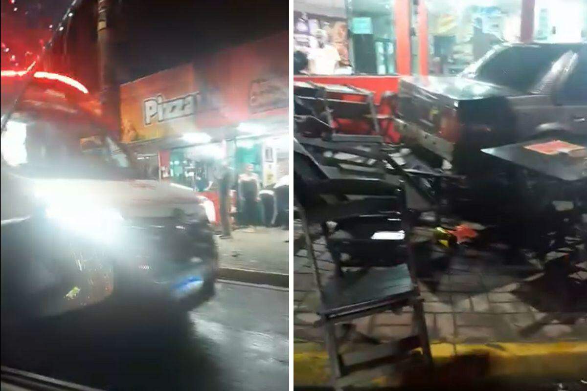 Carro invadiu pizzaria no bairro Agenor de Campos, em Mongaguá, na madrugada deste sábado (8)