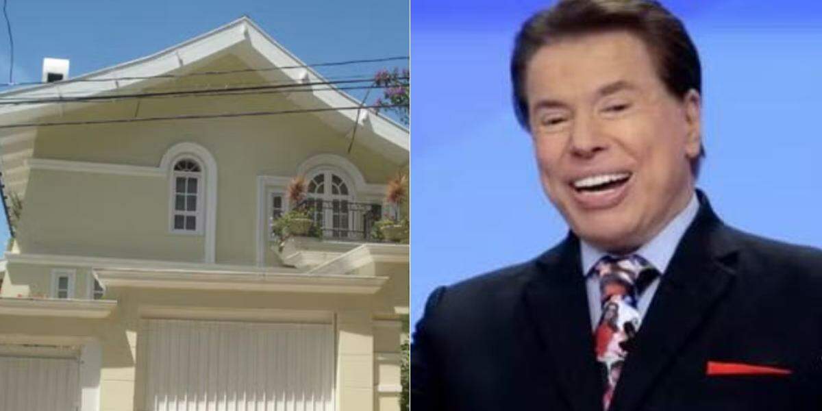 À esquerda, casa onde Silvio Santos viveu no Morumbi, em São Paulo. À direita, foto do apresentador, que morreu em 2024.