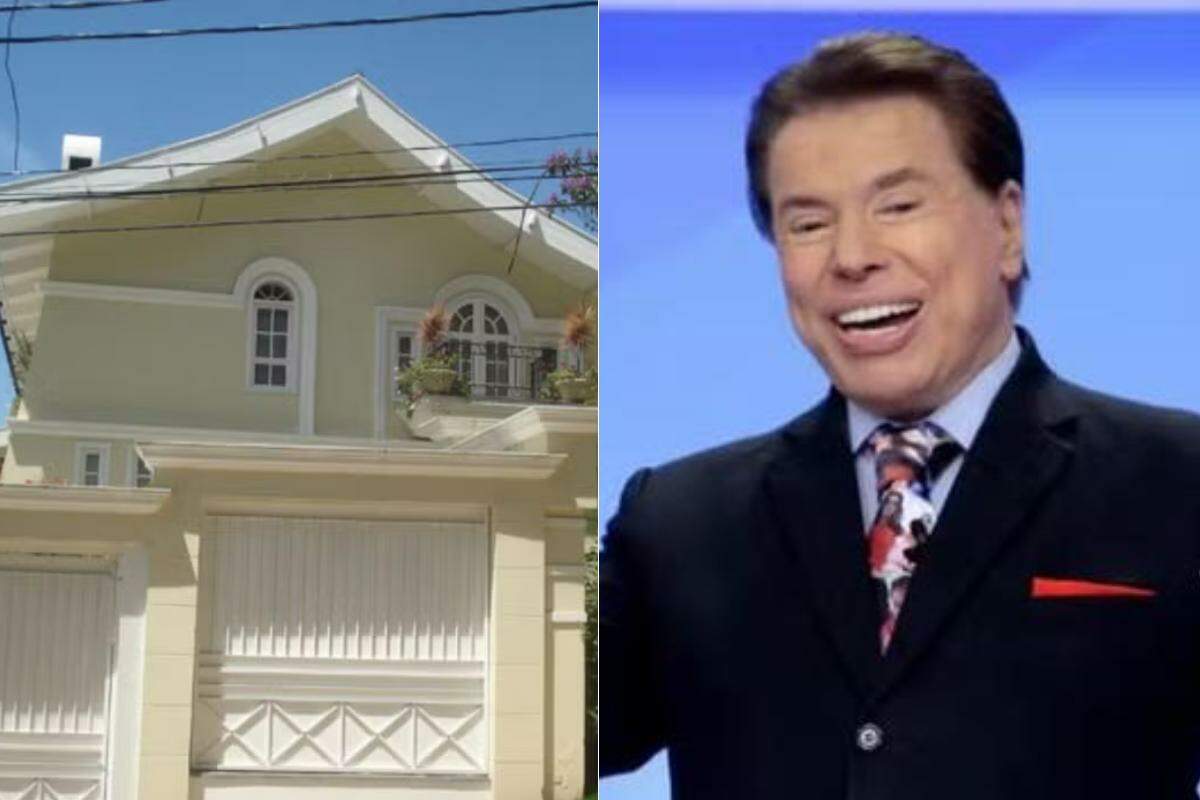 À esquerda, casa onde Silvio Santos viveu no Morumbi, em São Paulo. À direita, foto do apresentador, que morreu em 2024.