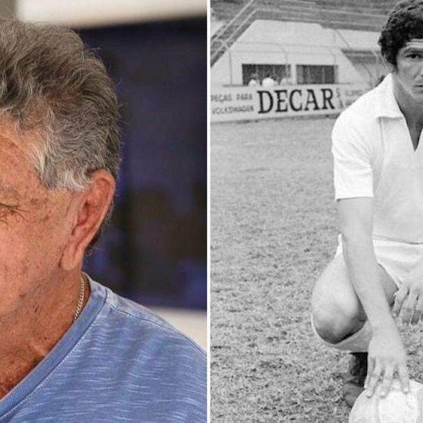 À esquerda, Manoel Maria em 2024; à direita, Manoel Maria em 1970, pelo Santos FC