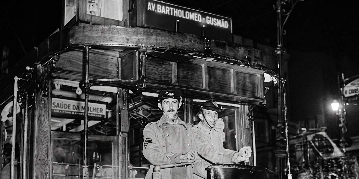 Bonde conduzido por bombeiro durante a greve de 1945/46, com guarda feita por soldados da Força Policial