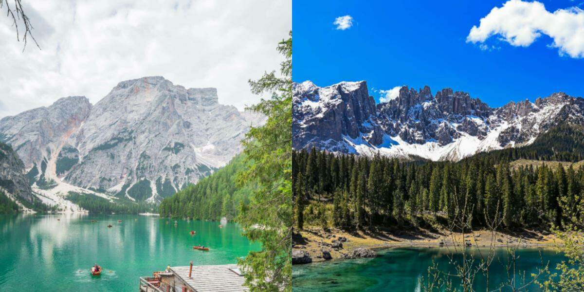 Entre os lugares mais famosos estão o Lago di Braies e o Lago di Carezza, conhecido como Lago Arco-Íris
