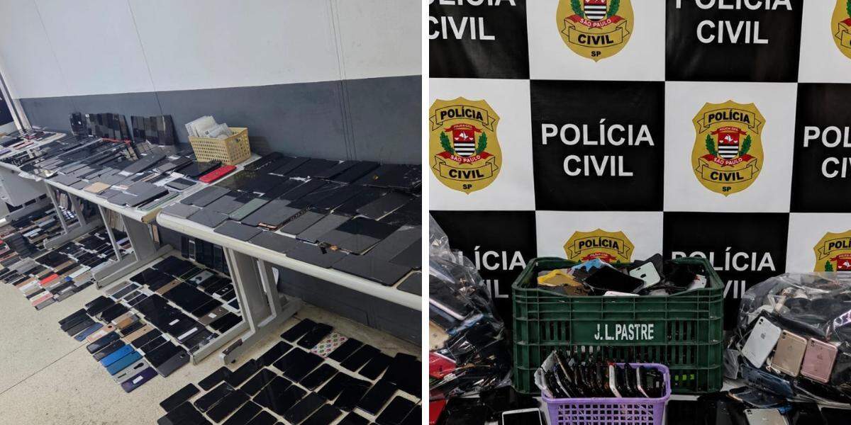 Entre os aparelhos apreendidos estão celulares íntegros e semi-inteiros, muitos deles mantidos em estabelecimentos para o reaproveitamento