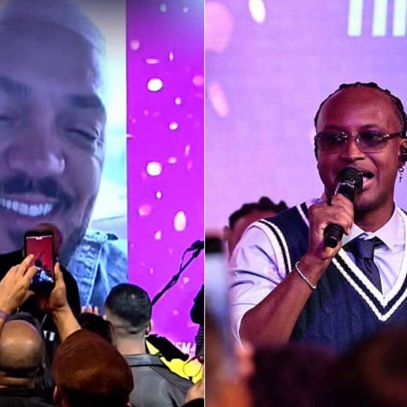 Belo fez participação especial no show de Thiaguinho que celebrou os 45 anos da Tri FM