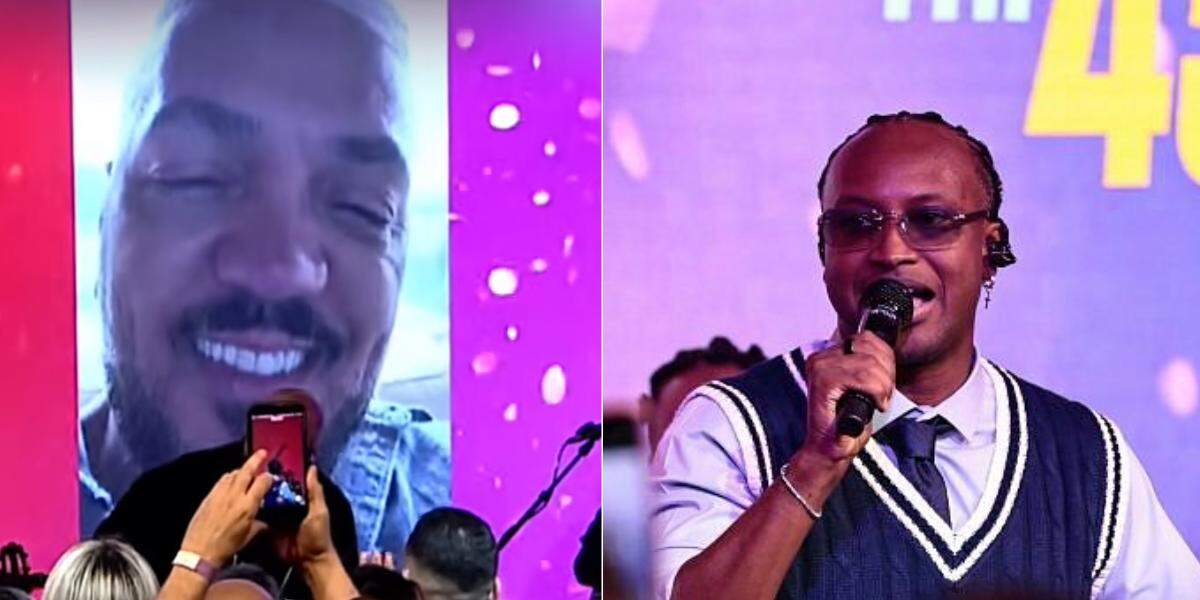 Belo fez participação especial no show de Thiaguinho que celebrou os 45 anos da Tri FM