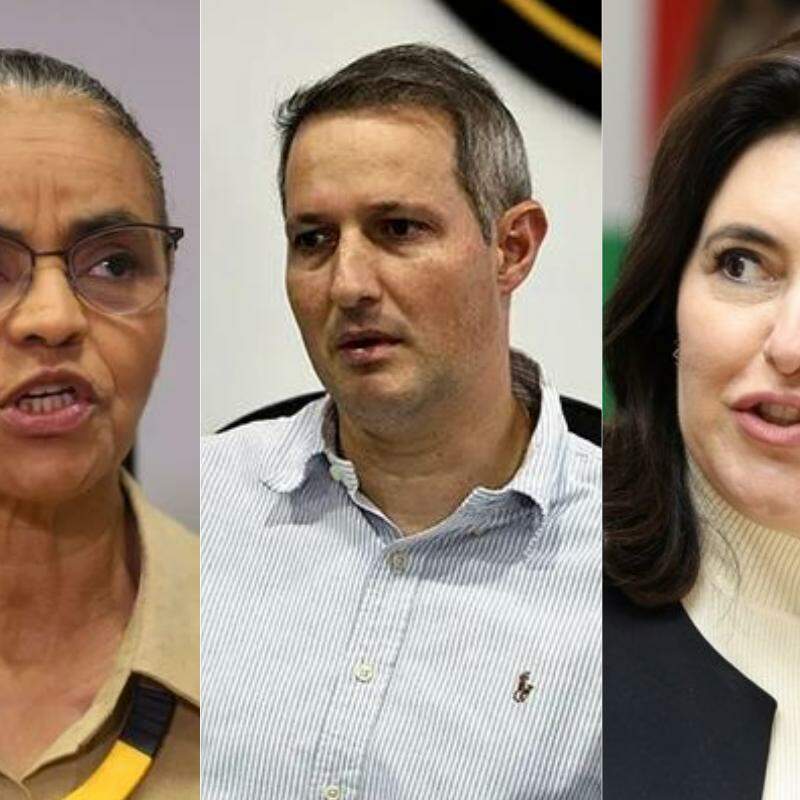 Marina Silva (à esq.), Guilherme Derrite (ao centro) e Simone Tebet (à dir.)