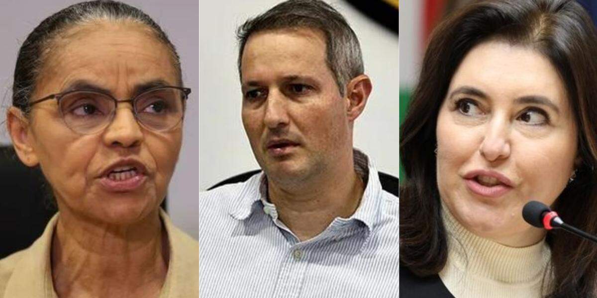 Marina Silva (à esq.), Guilherme Derrite (ao centro) e Simone Tebet (à dir.)