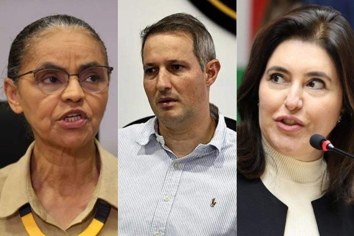 Marina Silva (à esq.), Guilherme Derrite (ao centro) e Simone Tebet (à dir.)
