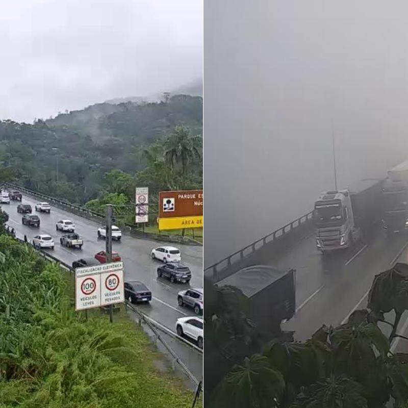 Filas de veículos são registradas na saída do litoral de São Paulo neste domingo (30); também há neblina na serra