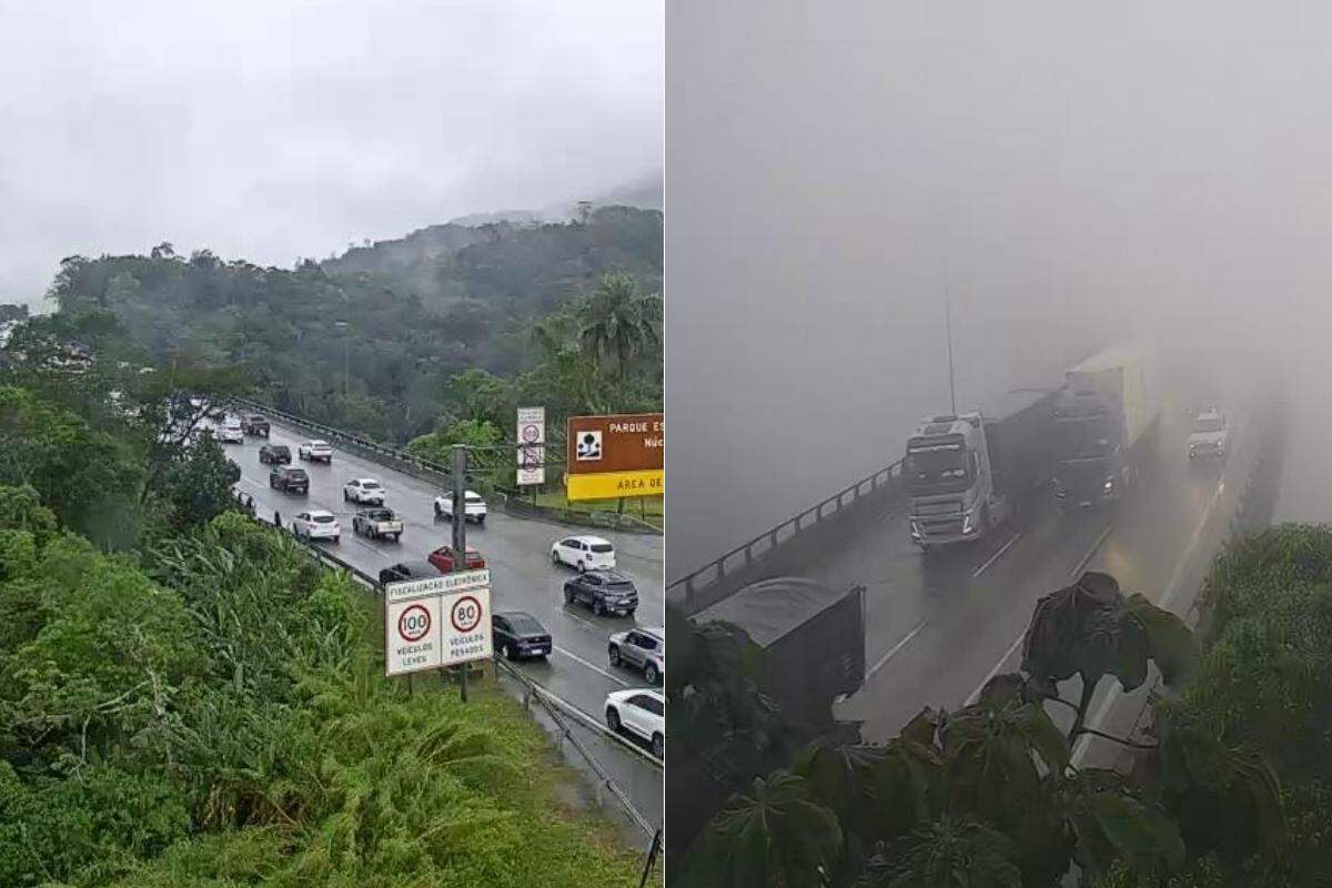Filas de veículos são registradas na saída do litoral de São Paulo neste domingo (30); também há neblina na serra