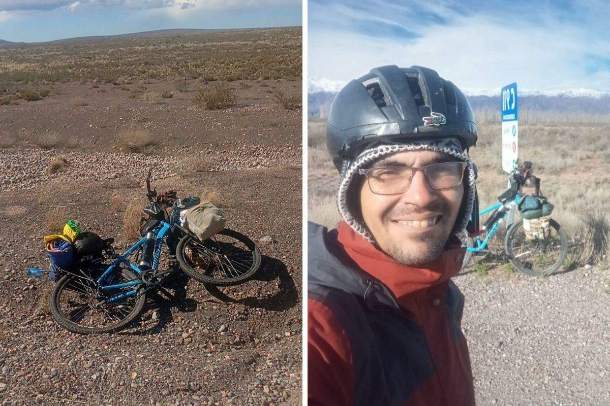 O aventureiro, de 30 anos, conta que o problema aconteceu no sábado (29), quando a roda dianteira da bicicleta apresentou defeito