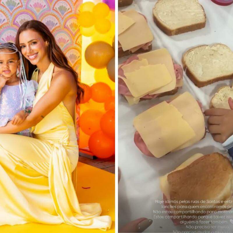 Bruna Biancardi compartilhou registros da preparação dos lanches ao lado da filha Mavie, de 2 anos; alimentos foram distribuídos a pessoas encontradas pelas ruas de Santos