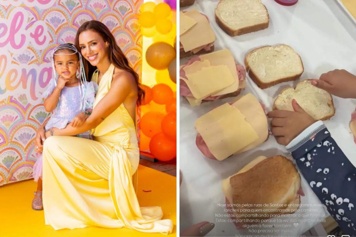 Bruna Biancardi compartilhou registros da preparação dos lanches ao lado da filha Mavie, de 2 anos; alimentos foram distribuídos a pessoas encontradas pelas ruas de Santos