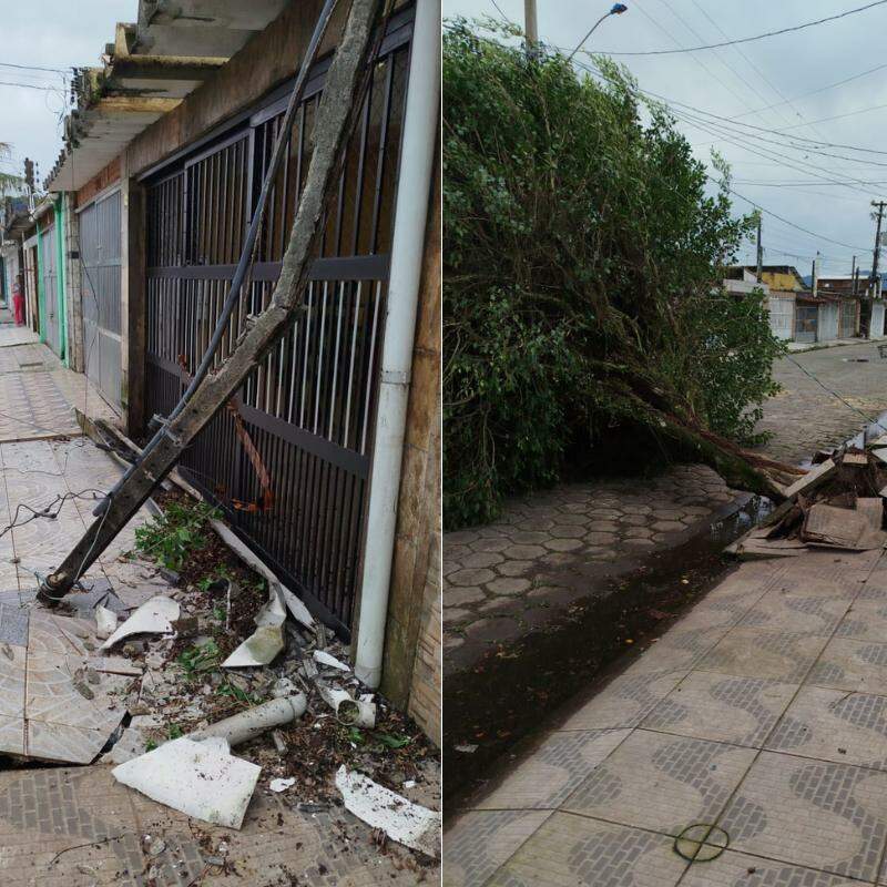 Queda de árvores e outras ocorrências foram registradas no litoral de São Paulo; em Mongaguá (foto), calçada ficou danificada