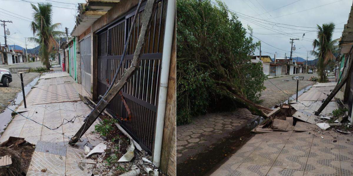 Queda de árvores e outras ocorrências foram registradas no litoral de São Paulo; em Mongaguá (foto), calçada ficou danificada