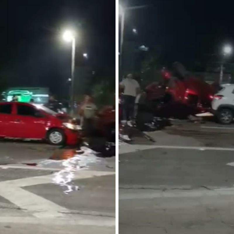 Acidente envolvendo quatro veículos terminou com um dos carros capotado na Rodovia Padre Manoel da Nóbrega, em Mongaguá
