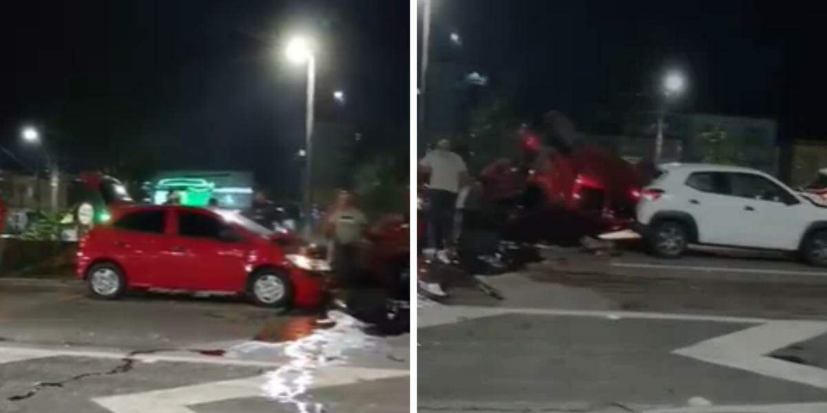 Acidente envolvendo quatro veículos terminou com um dos carros capotado na Rodovia Padre Manoel da Nóbrega, em Mongaguá