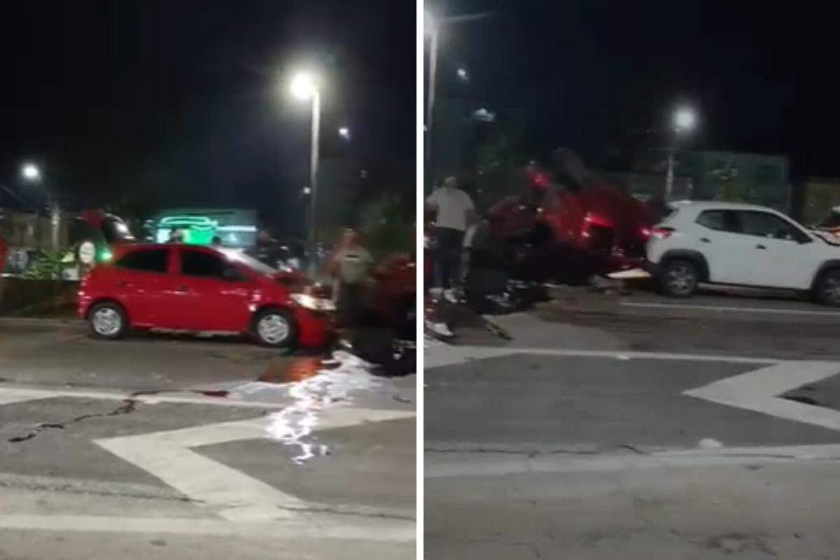 Acidente envolvendo quatro veículos terminou com um dos carros capotado na Rodovia Padre Manoel da Nóbrega, em Mongaguá