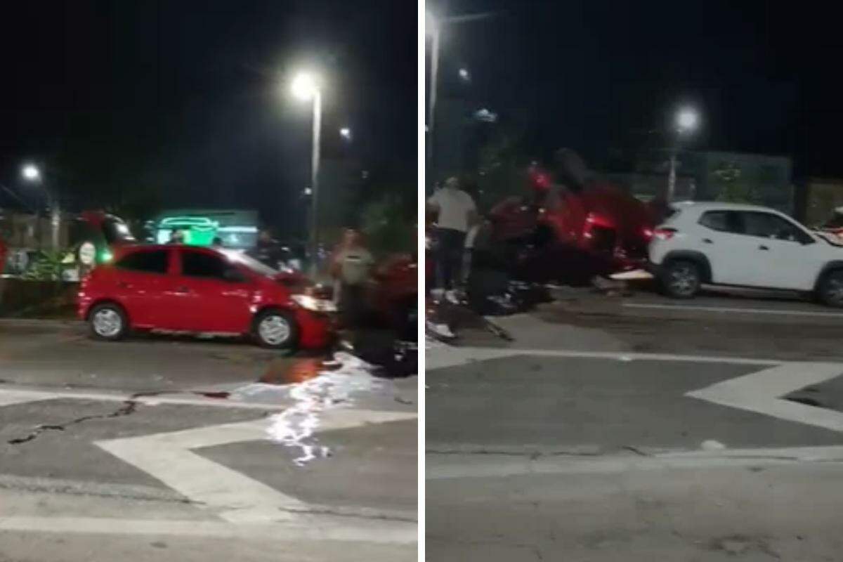 Acidente envolvendo quatro veículos terminou com um dos carros capotado na Rodovia Padre Manoel da Nóbrega, em Mongaguá