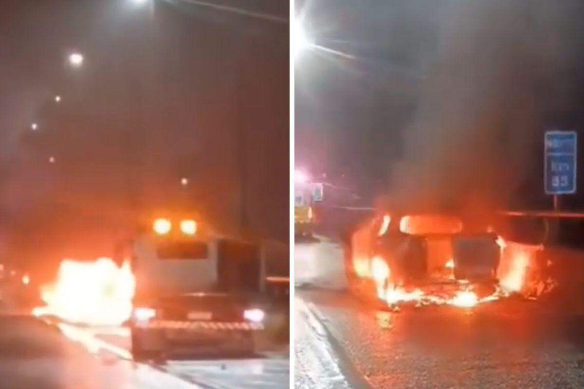 Veículo ficou destruída após ser consumida pelas chamas na rodovia