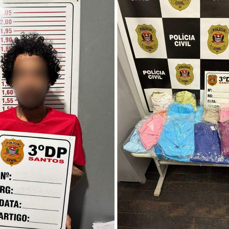 Polícia Civil apreendeu 62 peças de roupas e um celular durante investigação sobre furtos a estabelecimentos comerciais em Santos; suspeito foi indiciado