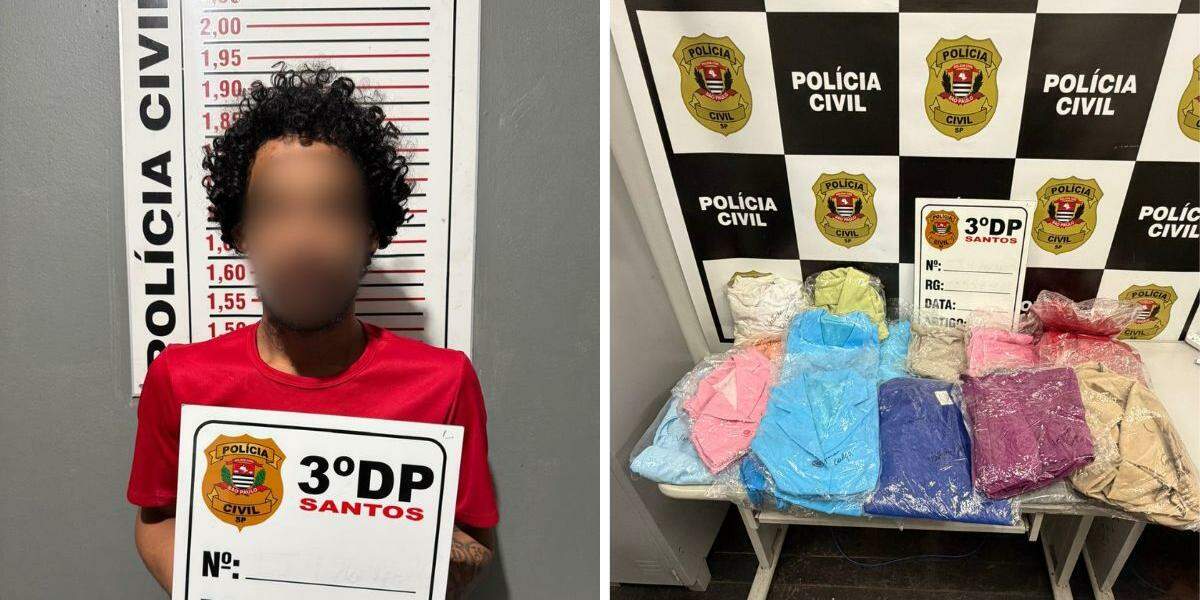 Polícia Civil apreendeu 62 peças de roupas e um celular durante investigação sobre furtos a estabelecimentos comerciais em Santos; suspeito foi indiciado