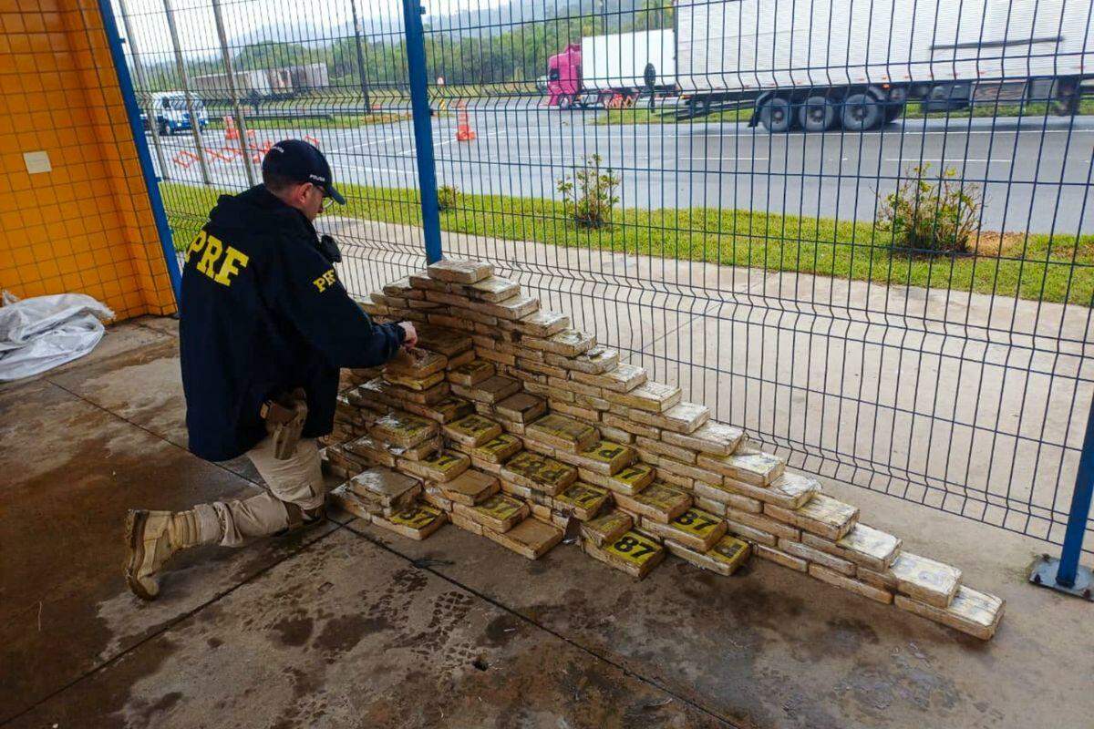 Os policiais encontraram os fardos com tabletes envoltos em fita plástica sobre o banco traseiro de um carro