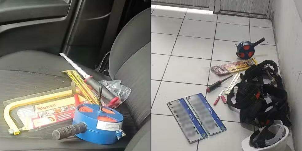 Ferramentas usadas para corte de cabos e placas adulteradas foram apreendidas pela PM junto ao veículo