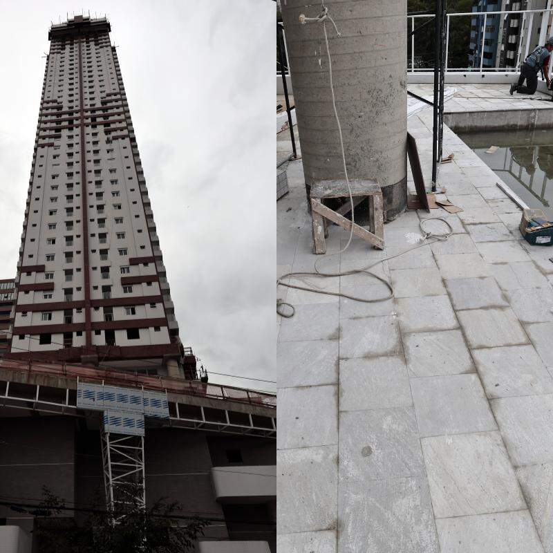 No pico das obras em Santos, 360 profissionais trabalham na construção, segundo o empresário Mateus Teixeira. Ele lembra que a etapa mais complexa é a finalização nos andares mais altos