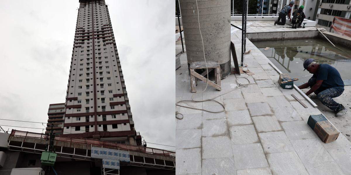 No pico das obras em Santos, 360 profissionais trabalham na construção, segundo o empresário Mateus Teixeira. Ele lembra que a etapa mais complexa é a finalização nos andares mais altos