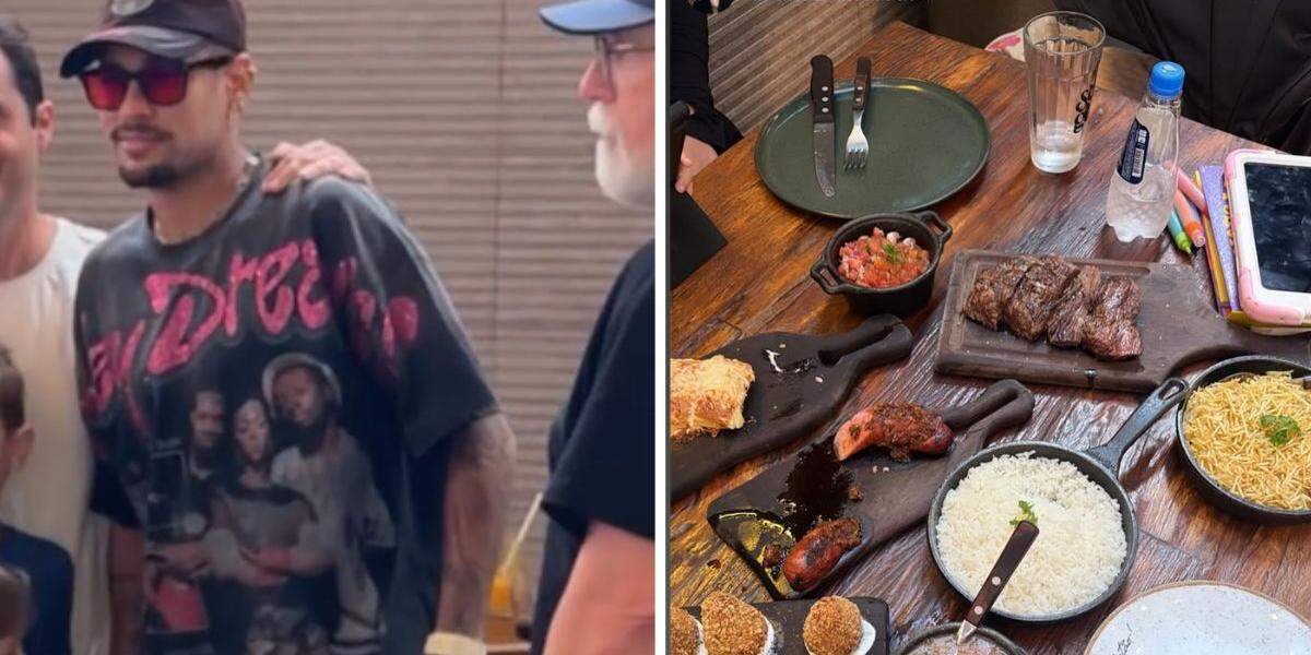 Neymar foi a churrascaria de Santos acompanhado de Bruna Biancardi e das filhas Mavie e Mel