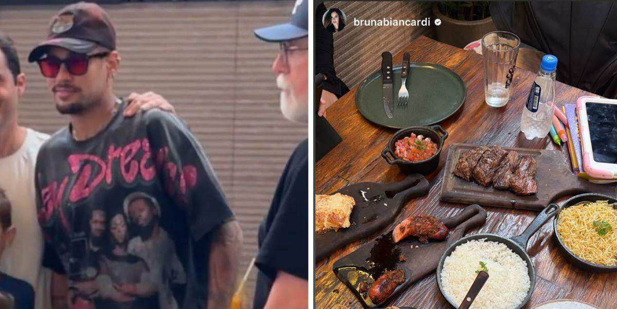 Neymar foi a churrascaria de Santos acompanhado de Bruna Biancardi e das filhas Mavie e Mel
