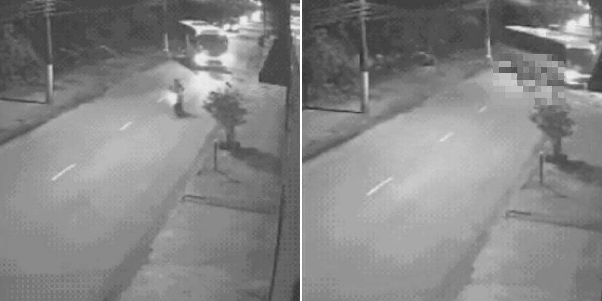 Ao fazer a conversão para a esquerda, o ônibus usou as duas faixas da pista em São Vicente, e o motociclista atingiu a lateral do veículo