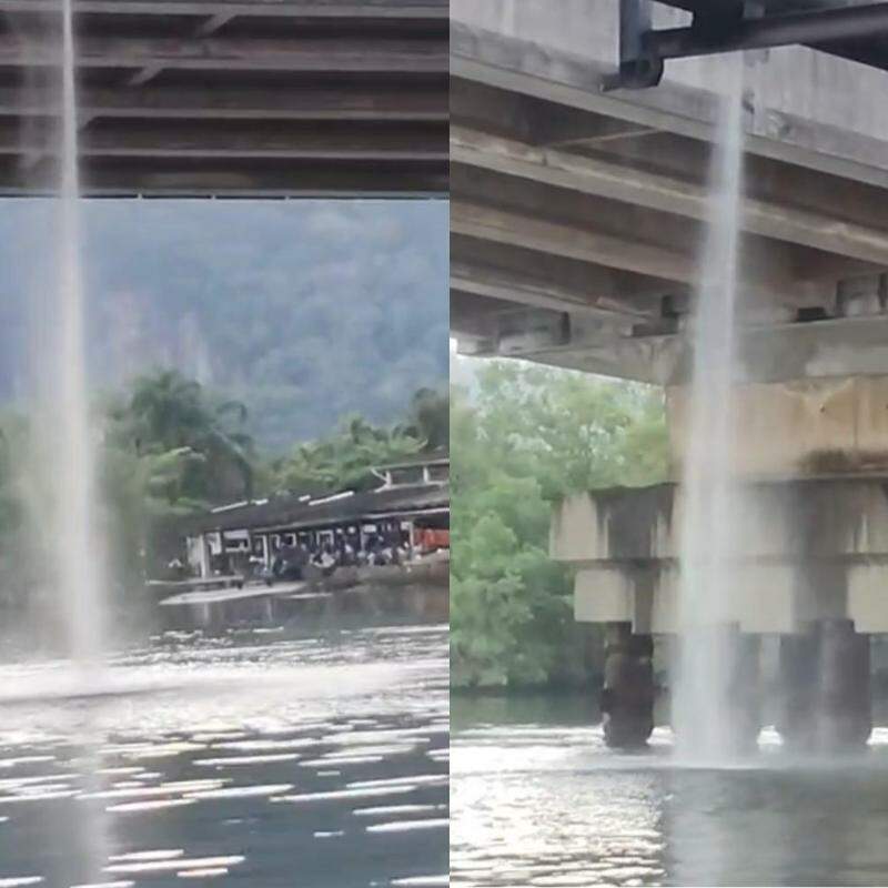 O vazamento na ponte de São Vicente apresenta mais de um cano com ruptura, um com maior vazão do que o outro