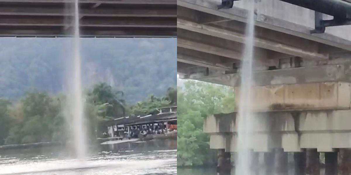 O vazamento na ponte de São Vicente apresenta mais de um cano com ruptura, um com maior vazão do que o outro