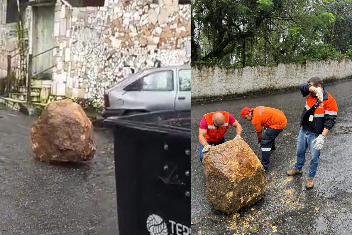 Equipes da Prefeitura de Santos foram até o local no Morro São Bento para efetuar a limpeza da via pública