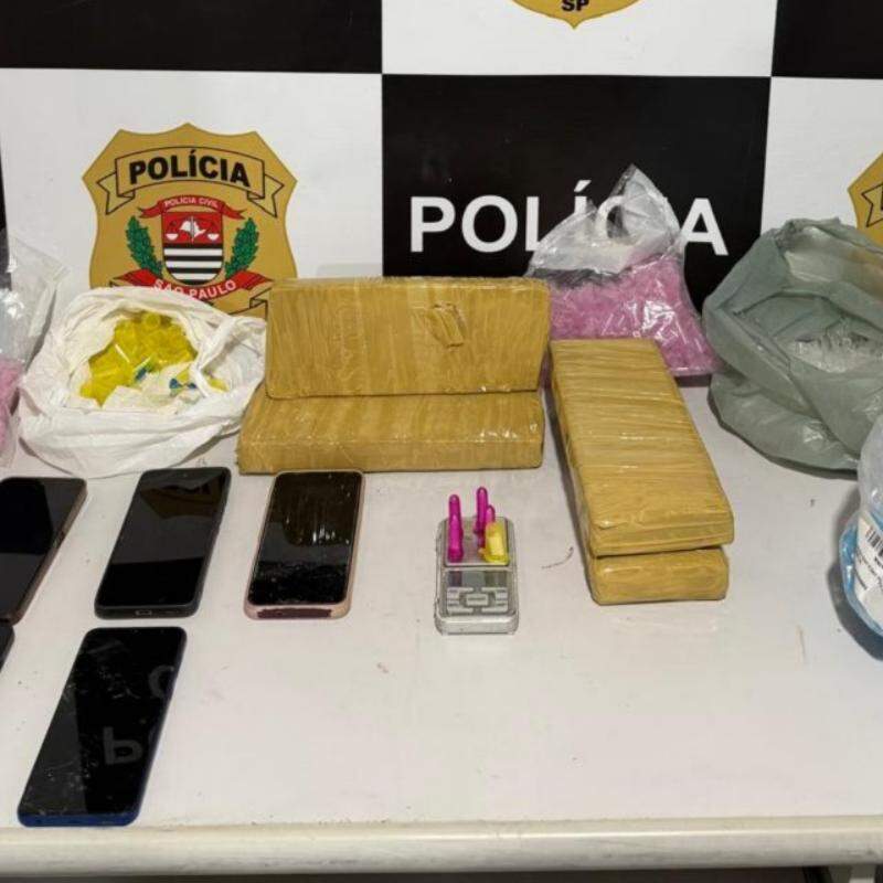 Foram apreendidos cerca de 3,1 quilos de maconha, 14 porções de cocaína e 850 microtubos plásticos vazios utilizados no acondicionamento de drogas