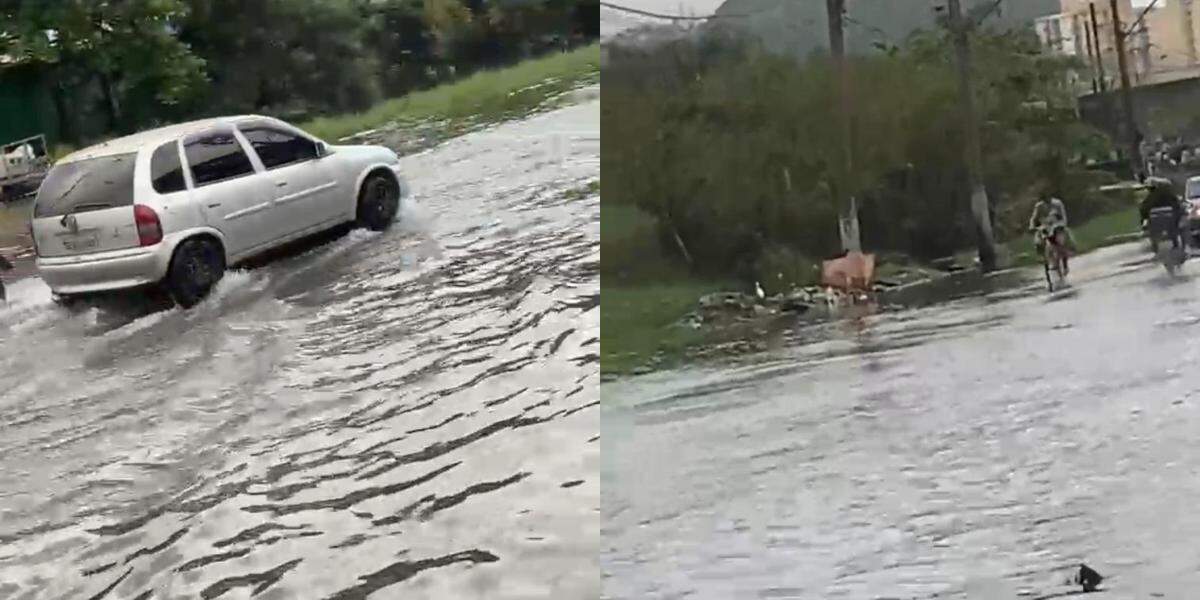 Moradora denuncia alagamento em avenida de São Vicente após forte chuva