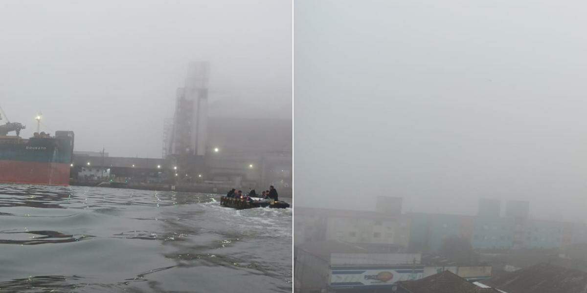 Nevoeiro afetou a visibilidade e a navegação no Porto de Santos neste sábado (26)