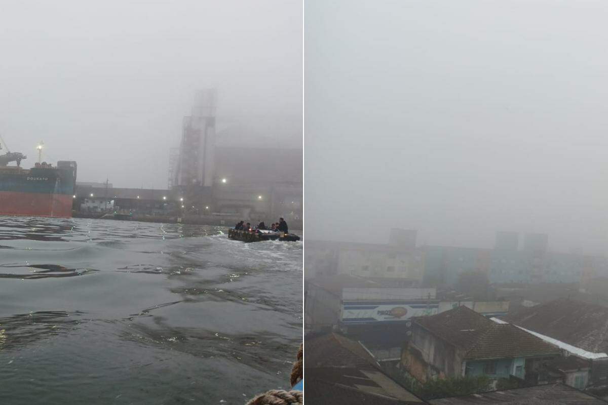 Nevoeiro afetou a visibilidade e a navegação no Porto de Santos neste sábado (26)