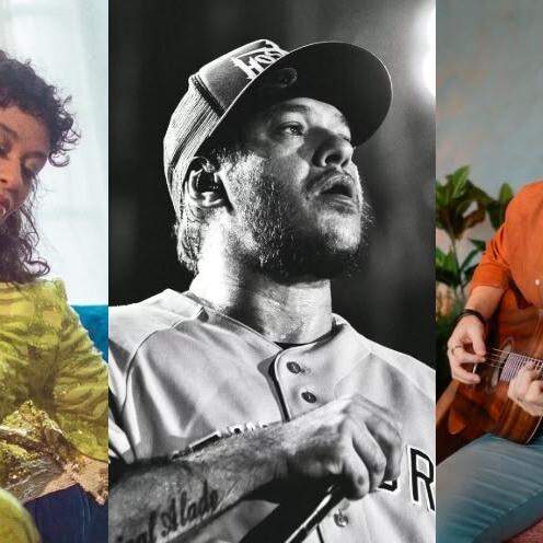 Da esquerda para a direita estão Renato Teixeira, Tulipa Ruiz, Chorão, BALARA e MC Neguinho do Kaxeta