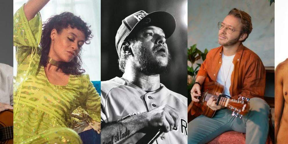 Da esquerda para a direita estão Renato Teixeira, Tulipa Ruiz, Chorão, BALARA e MC Neguinho do Kaxeta
