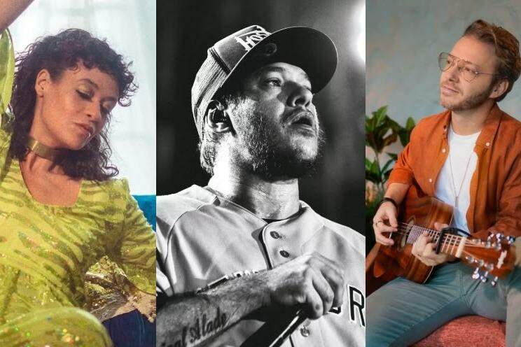 Da esquerda para a direita estão Renato Teixeira, Tulipa Ruiz, Chorão, BALARA e MC Neguinho do Kaxeta