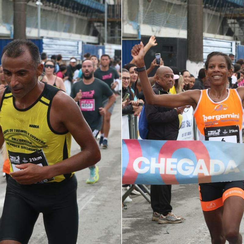 Damião Anselmo de Souza (à esq.) e Maria Aparecida Ferraz Salgado (à dir.) venceram a Meia Maratona Tribuna Praia Grande na categoria 21 km