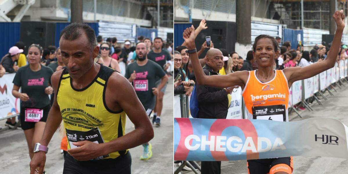 Damião Anselmo de Souza (à esq.) e Maria Aparecida Ferraz Salgado (à dir.) venceram a Meia Maratona Tribuna Praia Grande na categoria 21 km