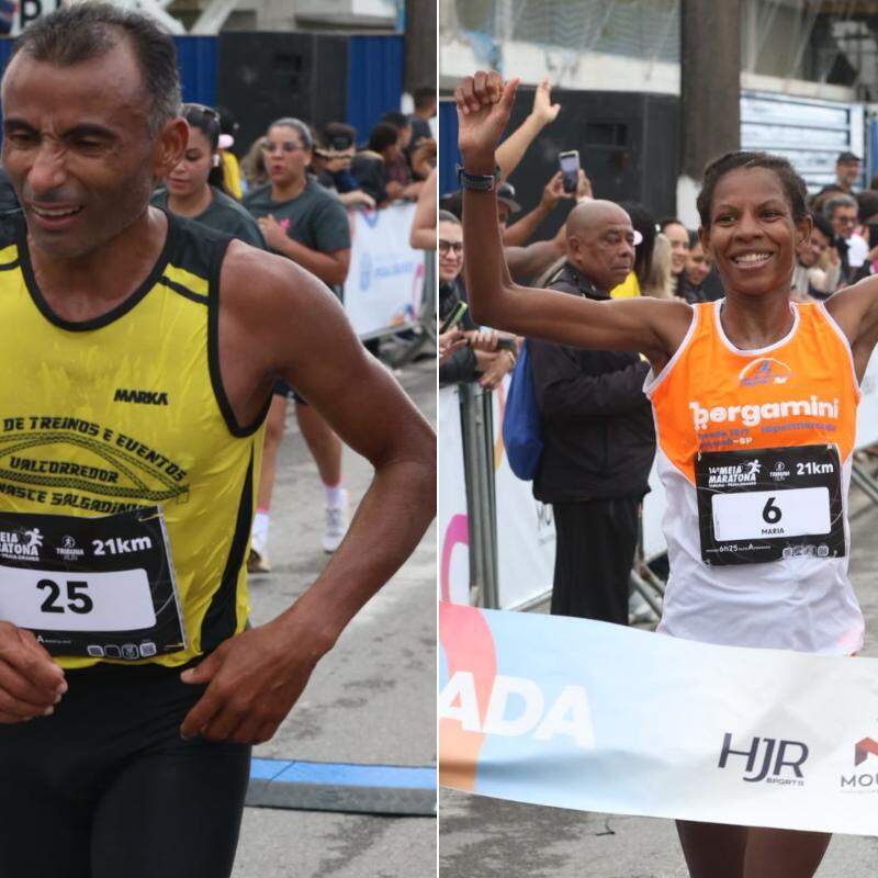 Damião Anselmo (esq.) e Maria Aparecida Ferraz (dir.) foram os campeões da prova principal da Meia Maratona Tribuna Praia Grande