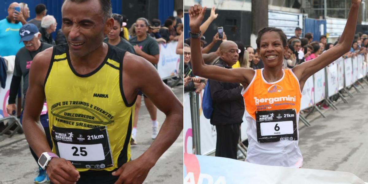 Damião Anselmo (esq.) e Maria Aparecida Ferraz (dir.) foram os campeões da prova principal da Meia Maratona Tribuna Praia Grande