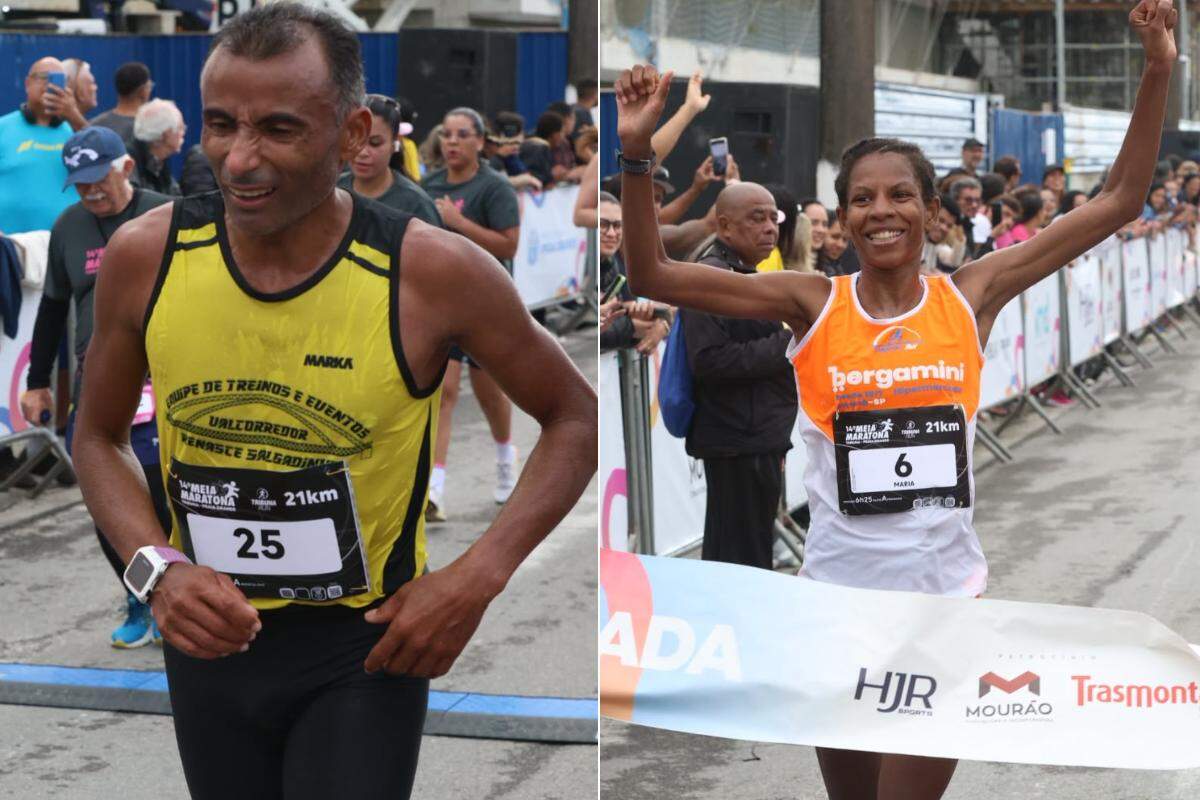 Damião Anselmo (esq.) e Maria Aparecida Ferraz (dir.) foram os campeões da prova principal da Meia Maratona Tribuna Praia Grande